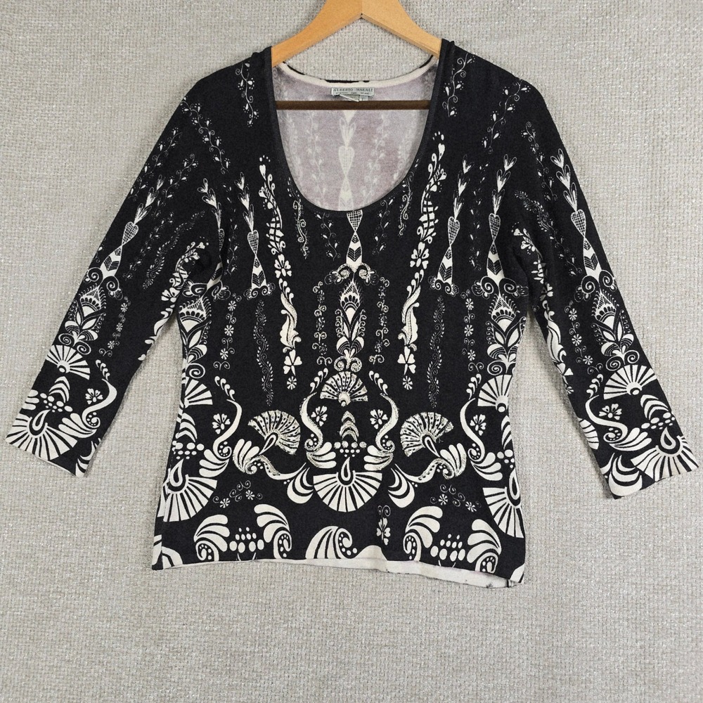 Alberto Makali Womens Large Black White Beaded Scroll Print 3/4 Sleeve Knit Top